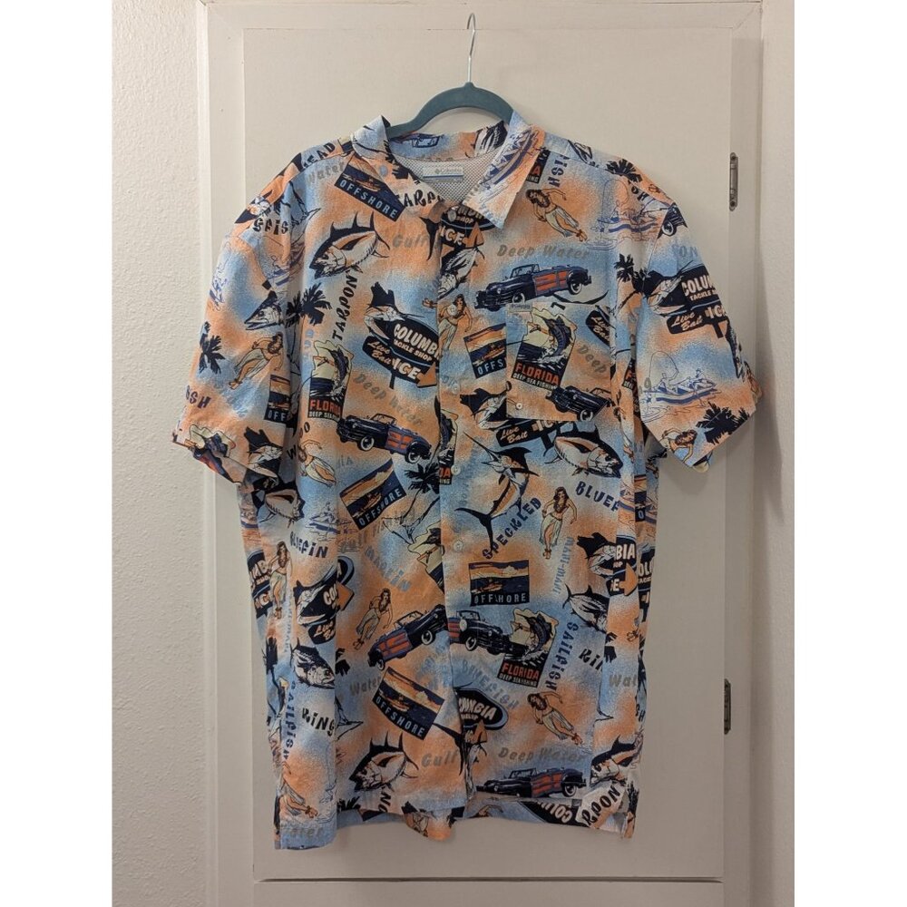 Columbia PFG Mens Short Sleeve Retro Fishing Button-Up Shirt Multicolor Graphics